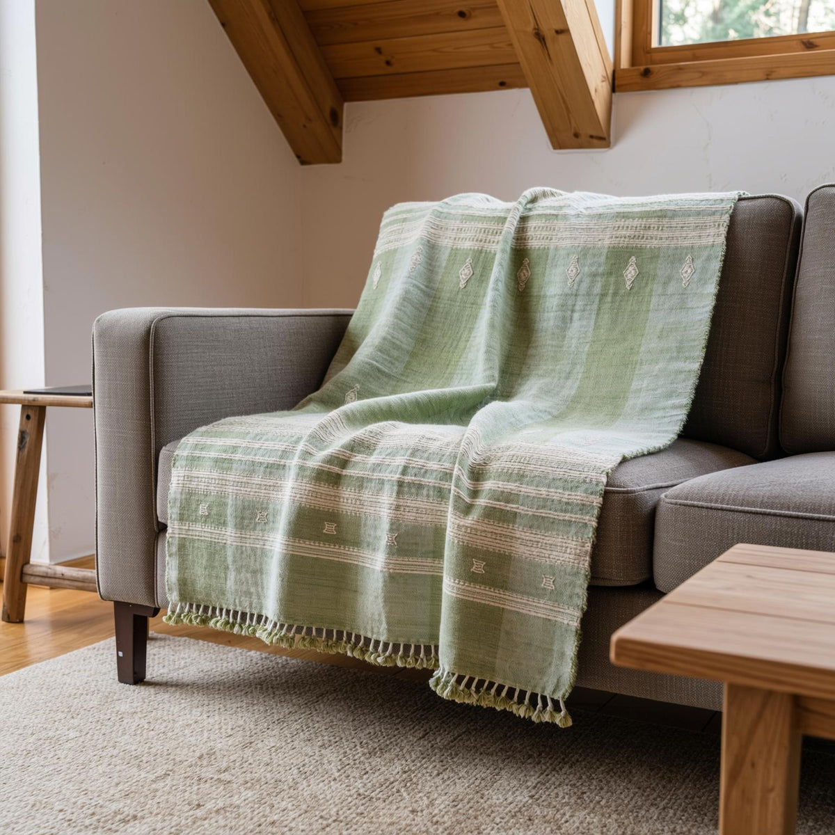 Soft Green Indian Wool Throw Blanket, Handwoven Sofa Coverlet with Quiet Calm Bedroom Layer - SAGE