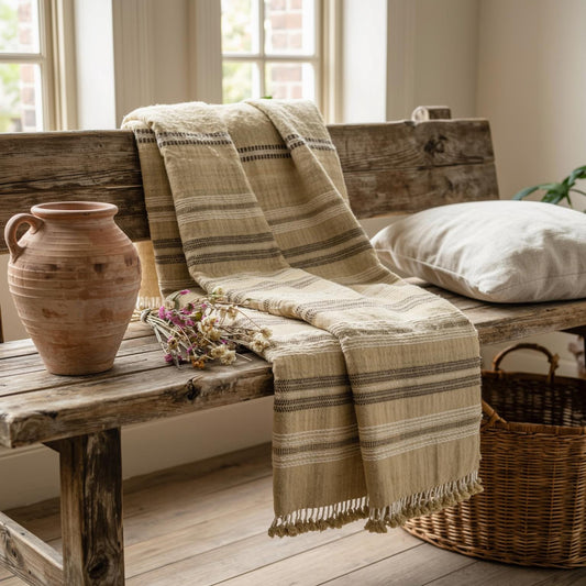Plaid en laine beige indien, jeté de canapé tissé à la main avec couche neutre apaisante pour lit - OPAL