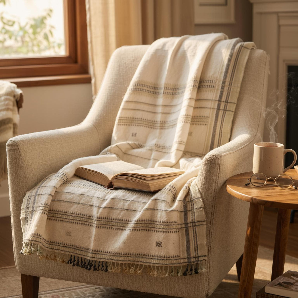 Off White Indian Wool Throw Blanket, Handwoven Sofa Coverlet with Minimalist Bed Accent - ALABASTER
