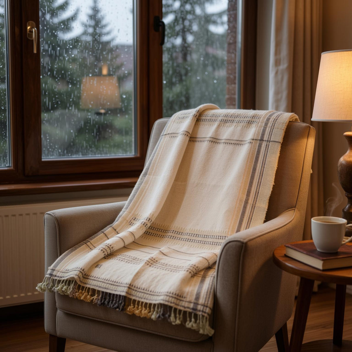 Off White Indian Wool Throw Blanket, Handwoven Sofa Coverlet with Minimalist Bed Accent - ALABASTER
