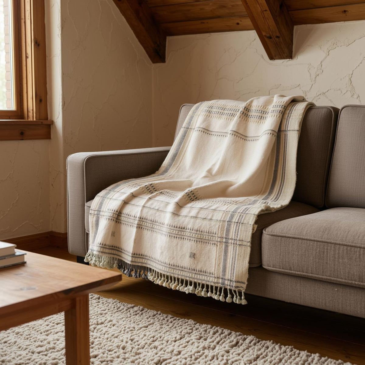 Off White Indian Wool Throw Blanket, Handwoven Sofa Coverlet with Minimalist Bed Accent - ALABASTER
