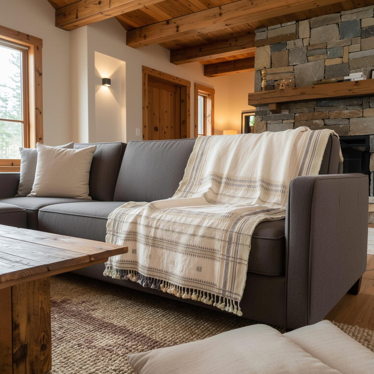 Off White Indian Wool Throw Blanket, Handwoven Sofa Coverlet with Minimalist Bed Accent - ALABASTER