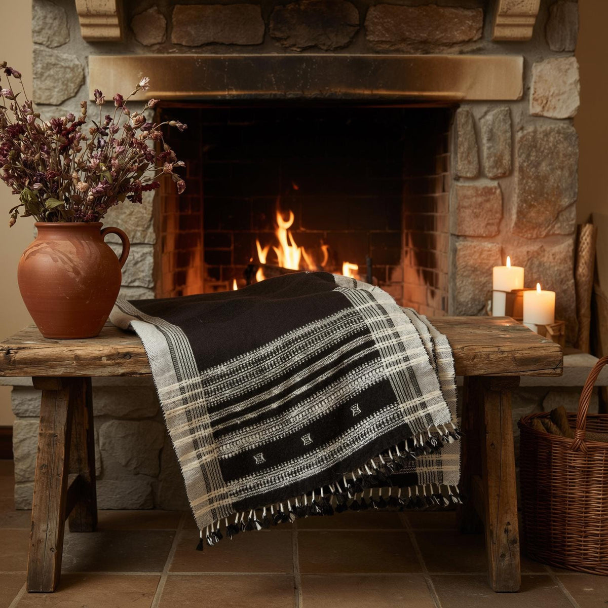 Cocoa Brown Indian Wool Throw Blanket, Handwoven Couch Coverlet with Rustic Chair Accent - QUARTZ