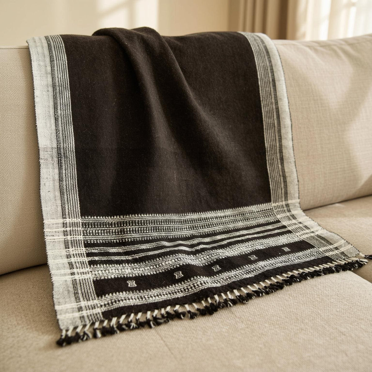 Cocoa Brown Indian Wool Throw Blanket, Handwoven Couch Coverlet with Rustic Chair Accent - QUARTZ