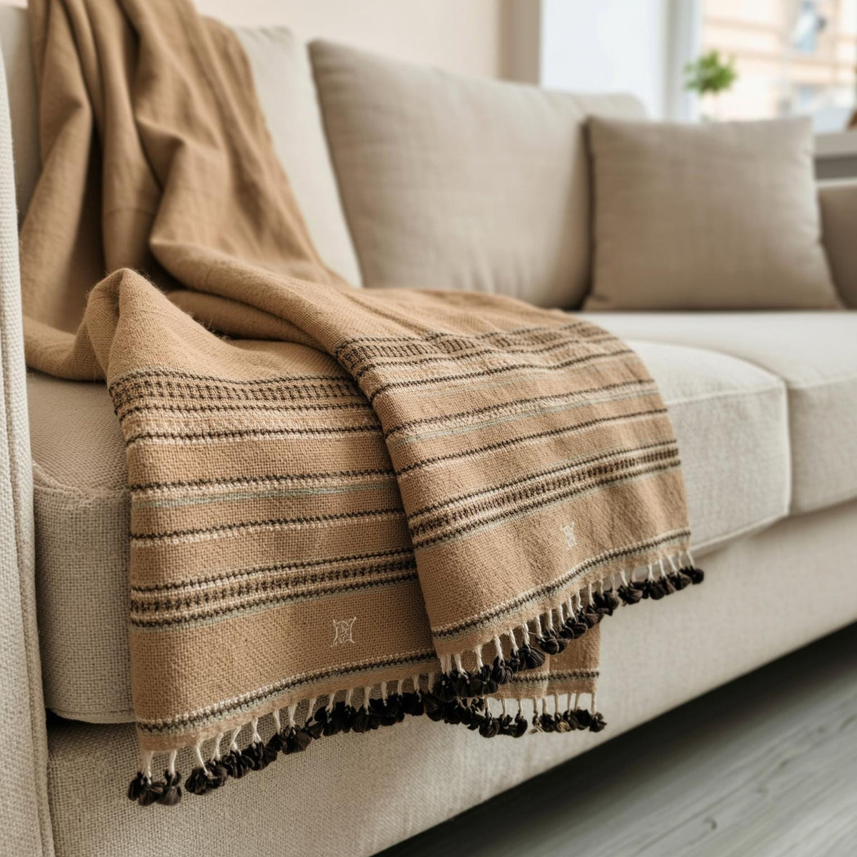 Orange Tan Indian Wool Throw Blanket, Handwoven Couch Coverlet with Heritage Bed Accent - PRAVALA