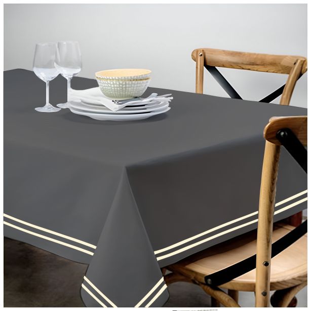 Double Embroidery Border Sateen Cotton Solid Table Cloth - Dark Grey