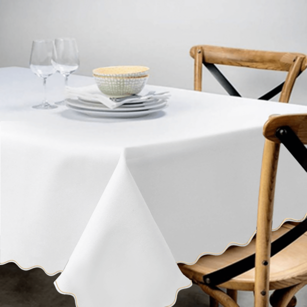 Scallop Embroidery Sateen Poly Cotton Solid Table Cloth