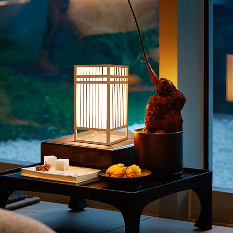 Japanese Shoji Wood & Fabric Table Lamp | Minimalist Grid Desk Light