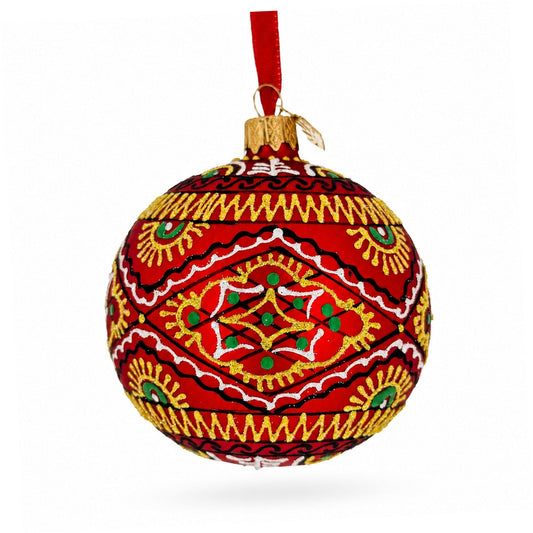 Ornement de Noël en verre en forme d'œuf ukrainien géométrique rouge 8 cm