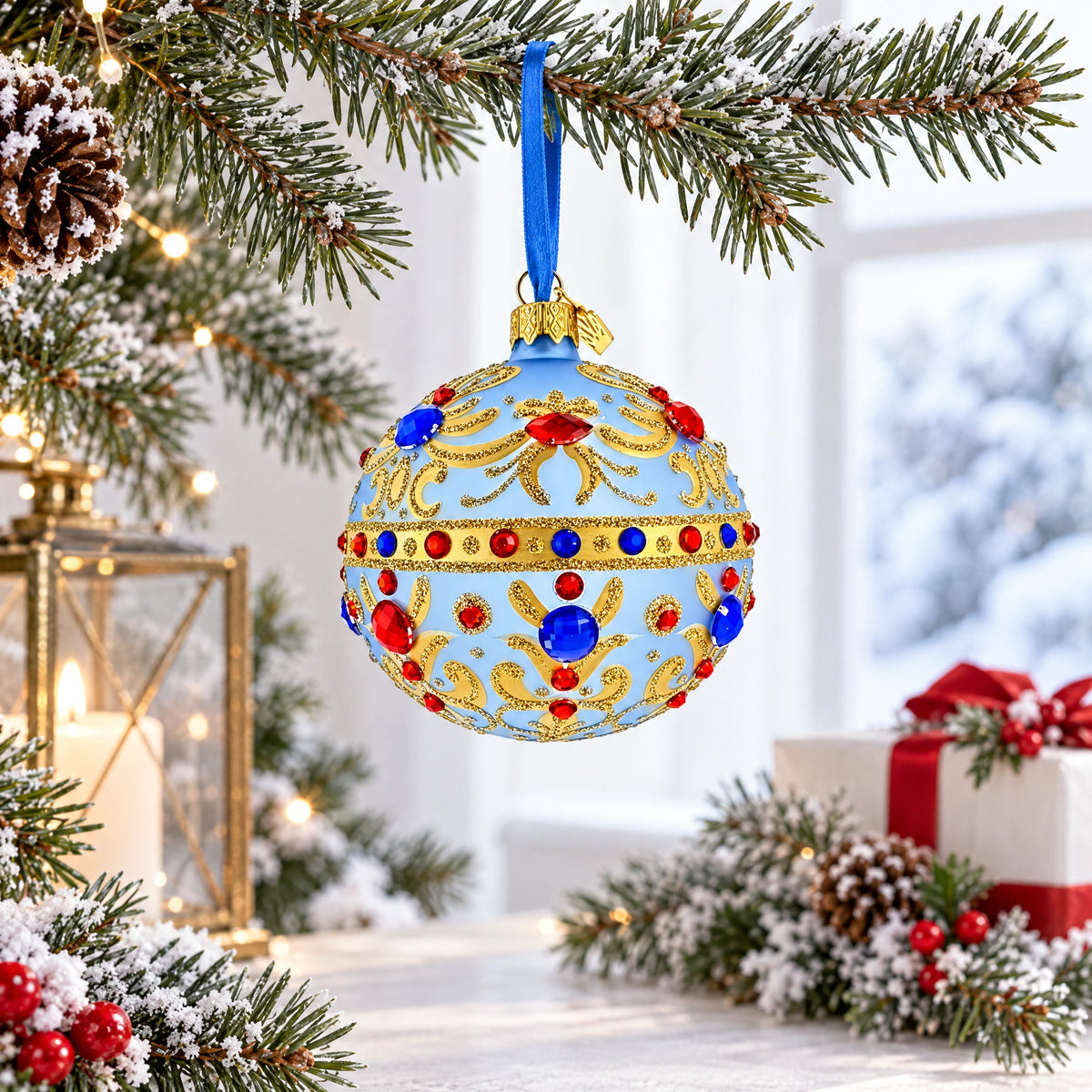 Royal Blue Scrollwork Jewel Tone Glass Ball Christmas Ornament
