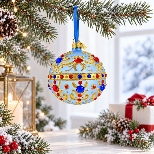 Boule de Noël en verre bleu roi avec motifs volutes et tons joyaux