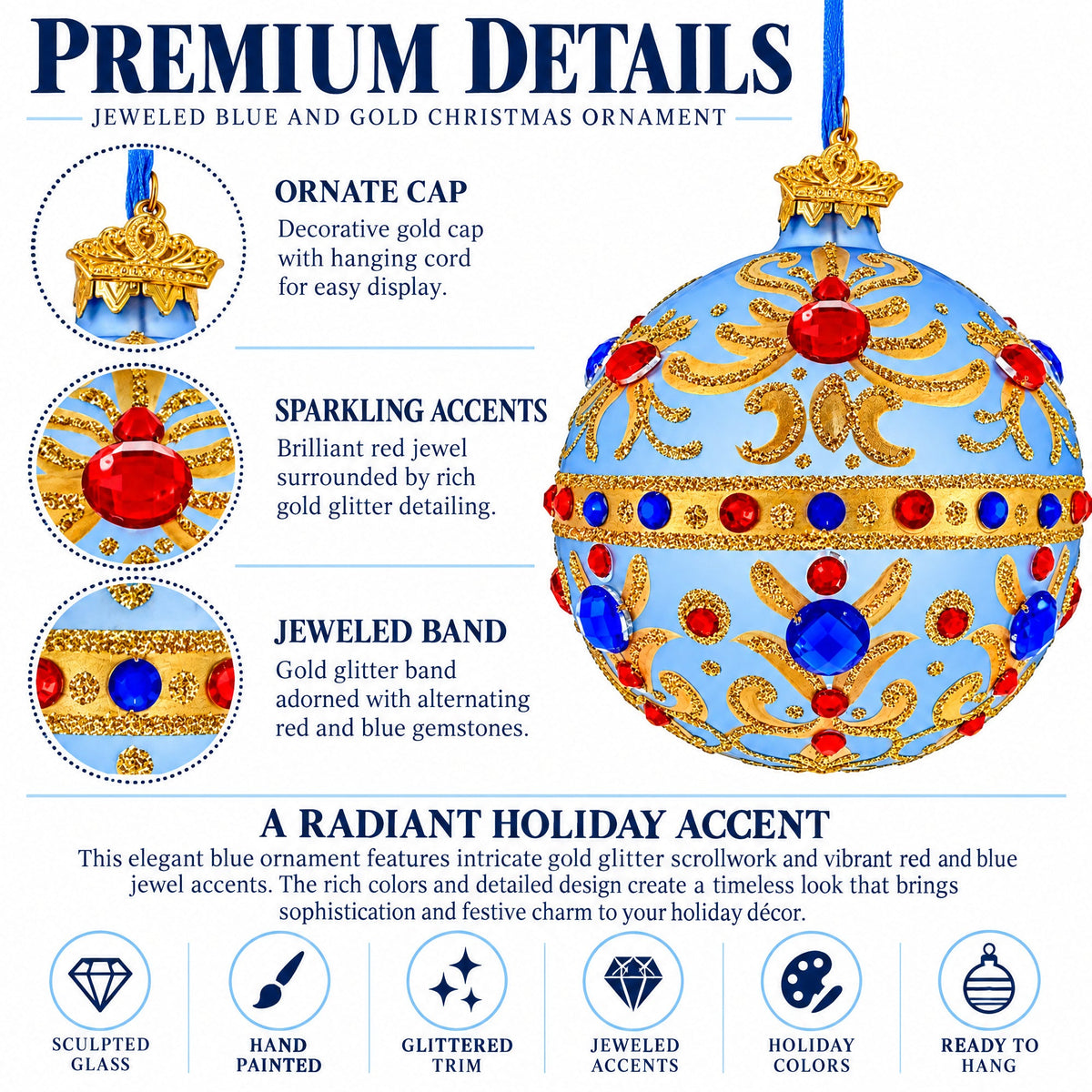 Royal Blue Scrollwork Jewel Tone Glass Ball Christmas Ornament