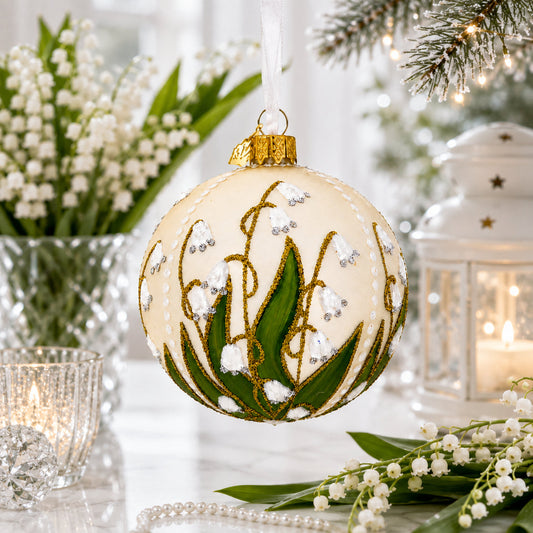 Ornement de Noël boule en verre beige avec muguet