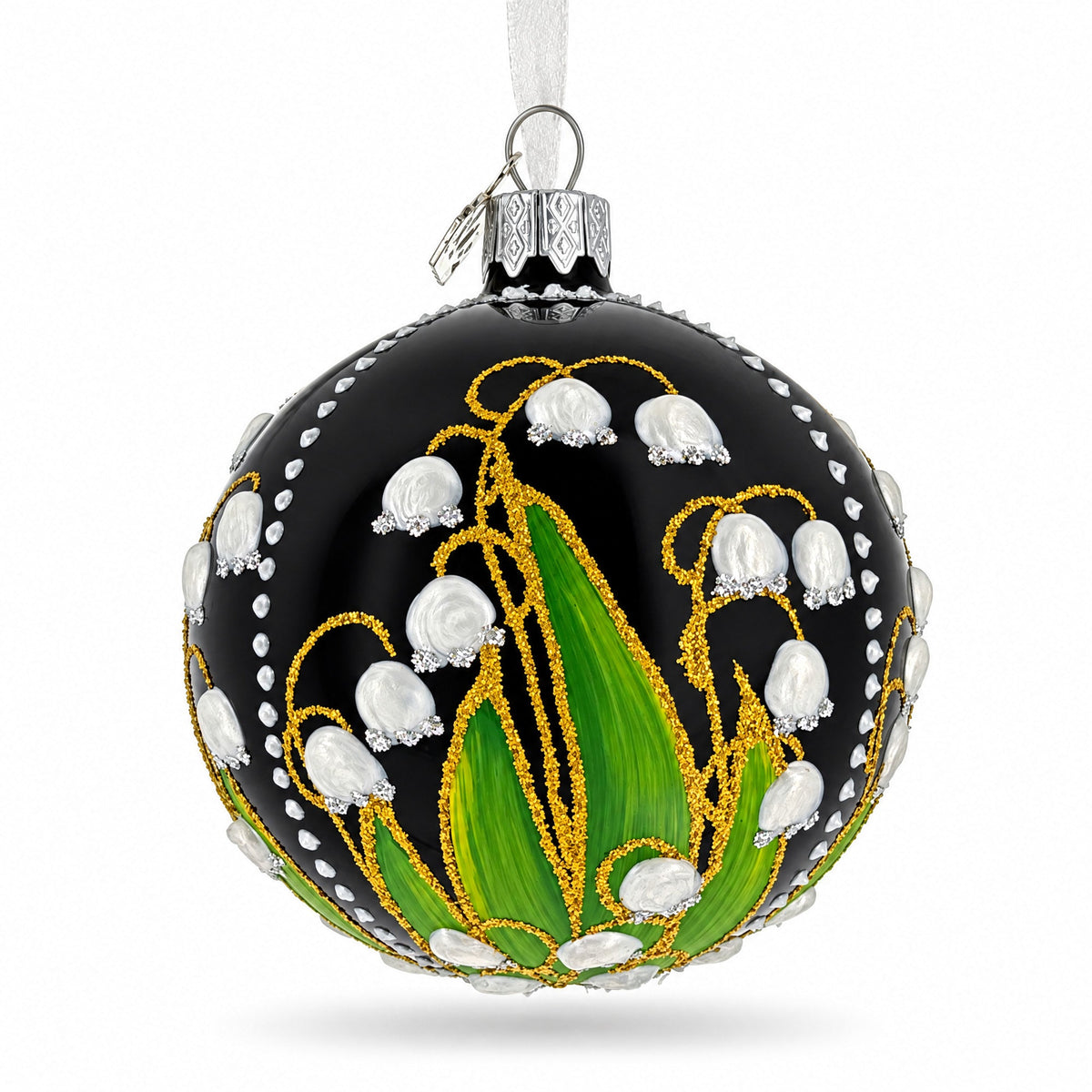 Lily of the Valley on Black Glass Ball Christmas Ornament