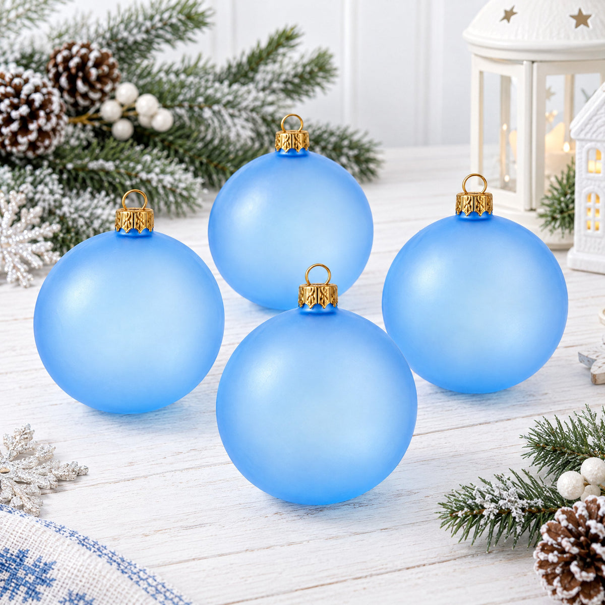 Set of 4 Translucent Light Blue Glass Ball Christmas Ornaments (019)