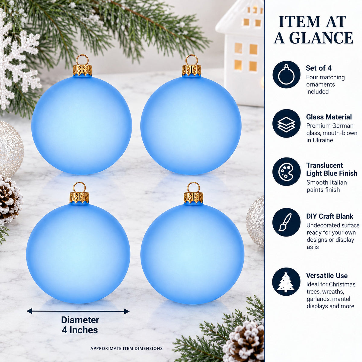 Set of 4 Translucent Light Blue Glass Ball Christmas Ornaments (019)