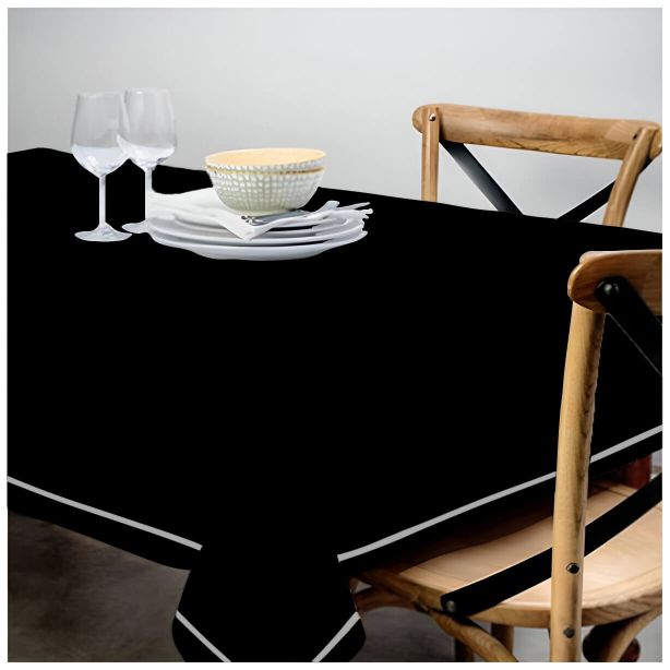 Single Embroidery Border Sateen Cotton Solid Table Cloth - Black