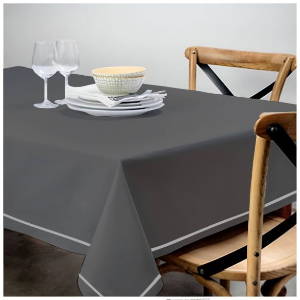 Single Embroidery Border Sateen Cotton Solid Table Cloth - Dark Grey