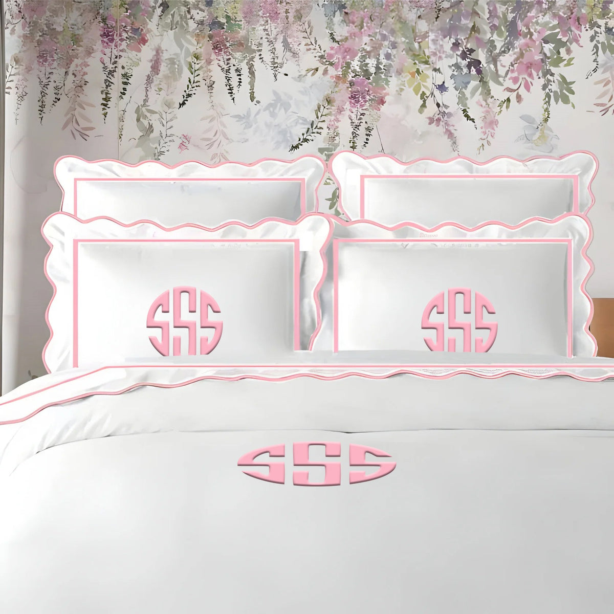 Monogram 400TC Cotton Scallop Embroidery & Border Sateen Solid Duvet Cover Set