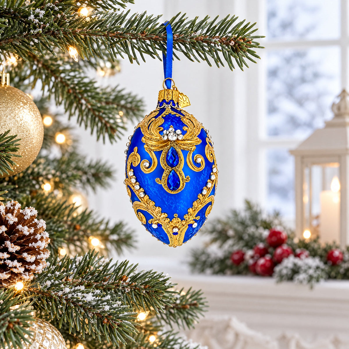 Royal Blue Jeweled Glitter Scrollwork Glass Egg Christmas Ornament