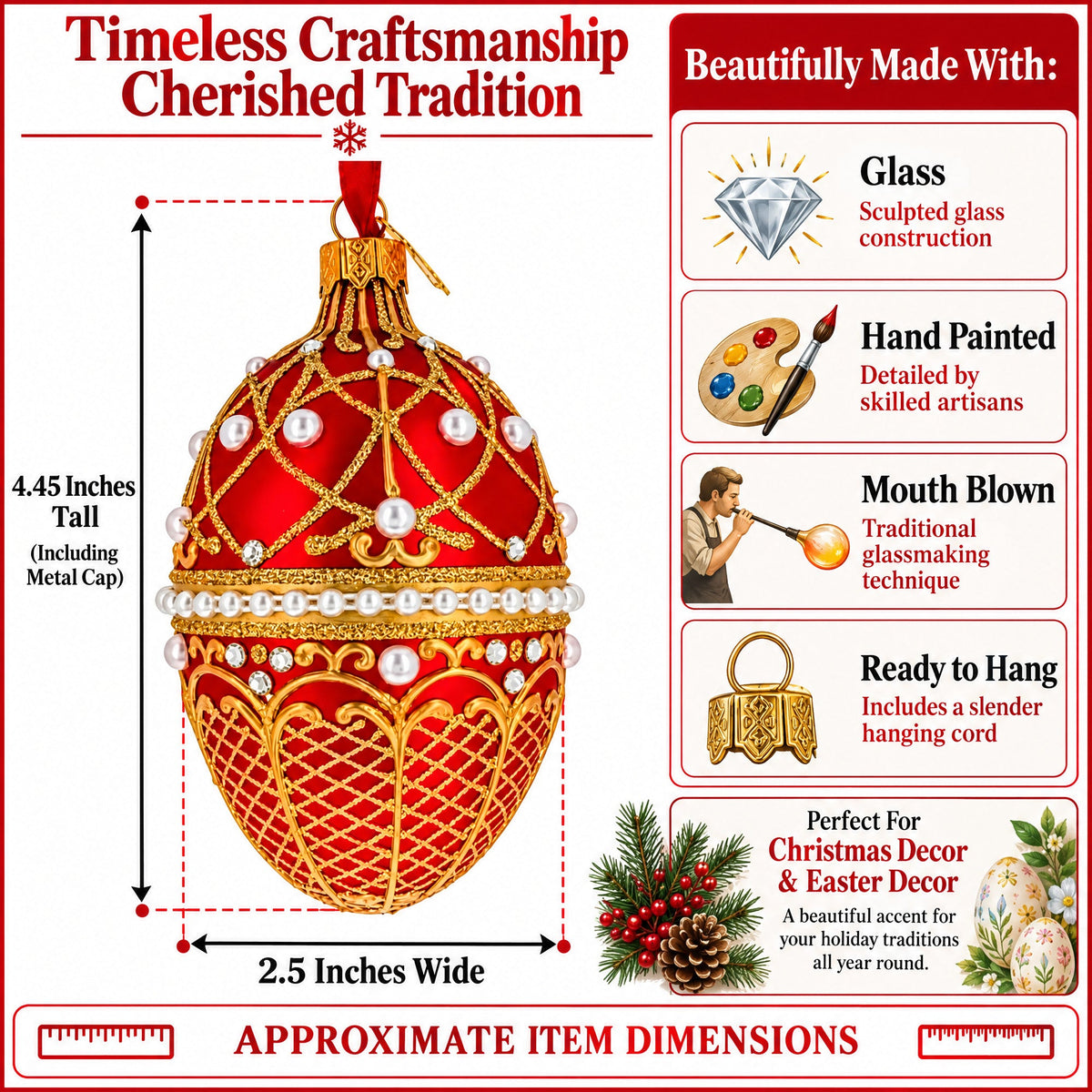 Red Jeweled Glitter Lattice Glass Egg Christmas Ornament
