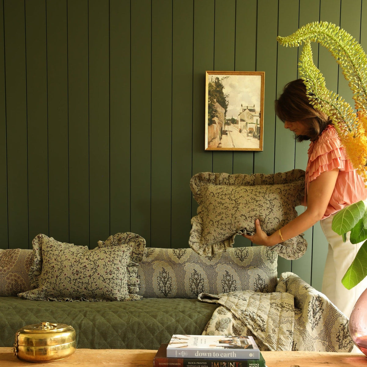 Inaya Linen Floral Throw Pillow Cover, Beachwood Ruffled