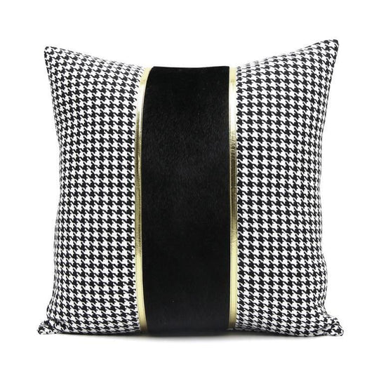 Luxury Black White Houndstooth Gold Leather Stitching Pillow Covers Sofa Decorative Horse Pillow Case Swallow Gird Throw Pillowcases Black Gold PU Leather Polyester Splicing Cushion Covers Well Made Classic Pattern