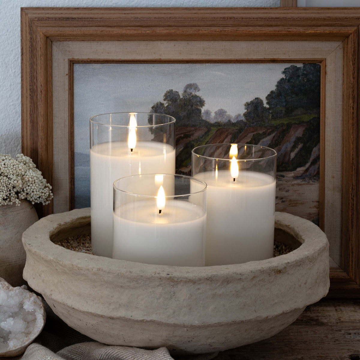 Flameless LED Hurricane Glass Candles - White  - Set of 3 with Remote and Timer