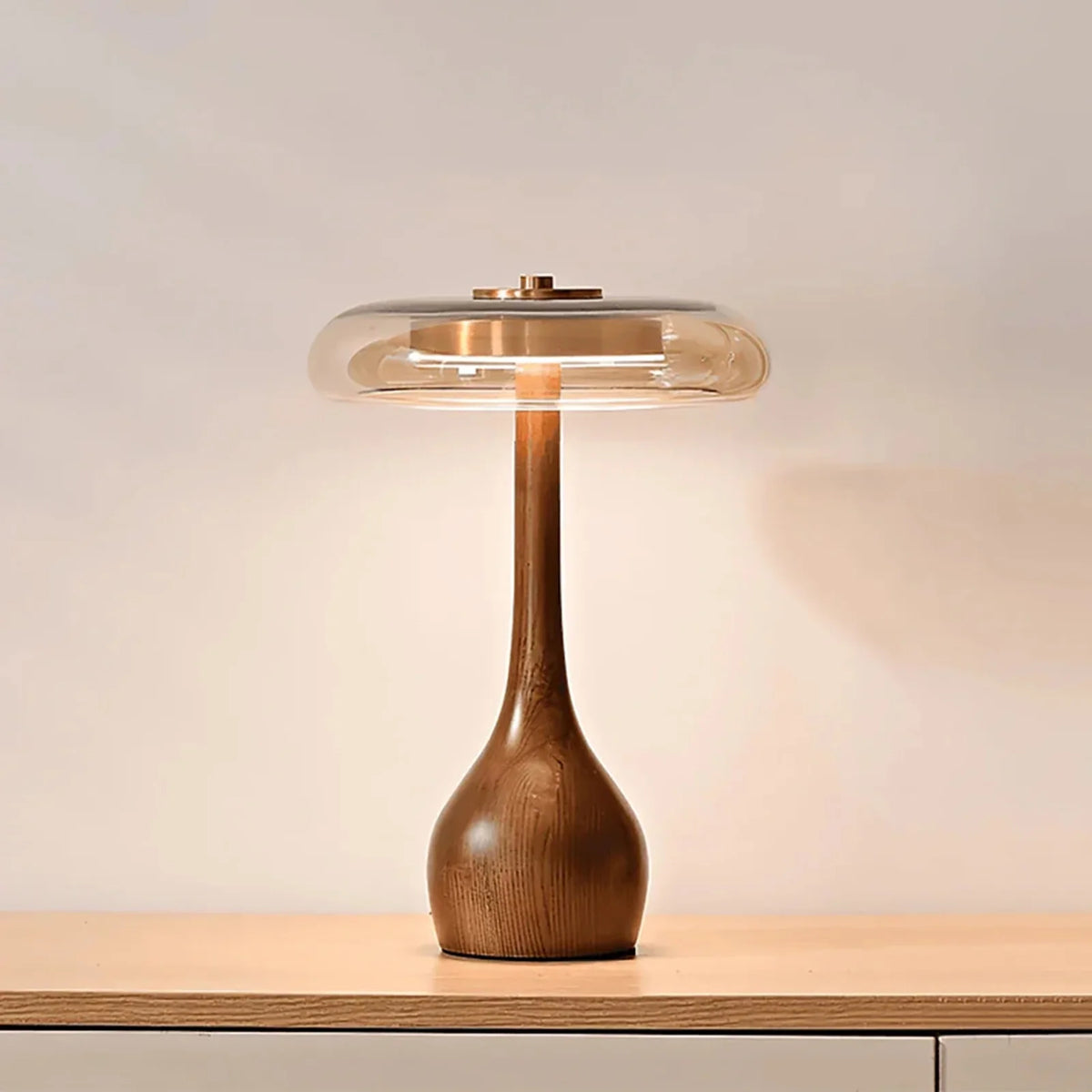 Mid-Century Wood & Glass Disc Table Lamp