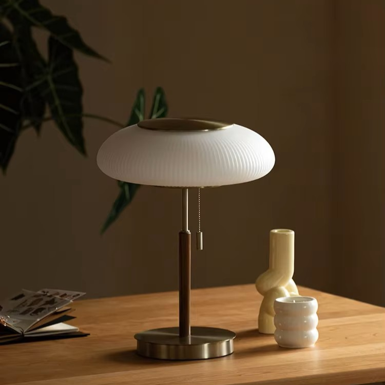 Pleated Glass & Wood Table Lamp | Vintage Brass Desk Light