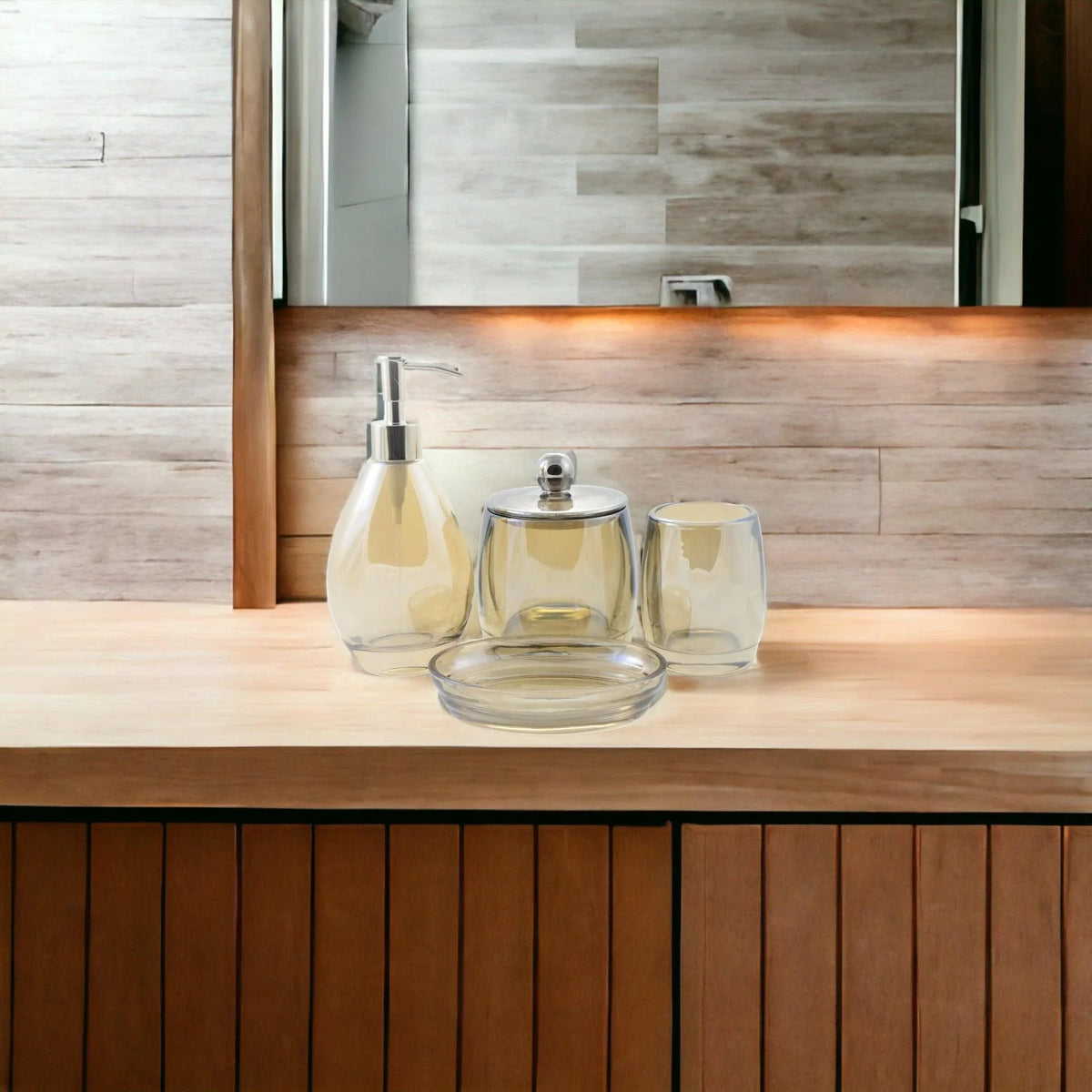 Modern Bathroom Decor - 4 Piece Glass Bathroom Set of Champagne Color