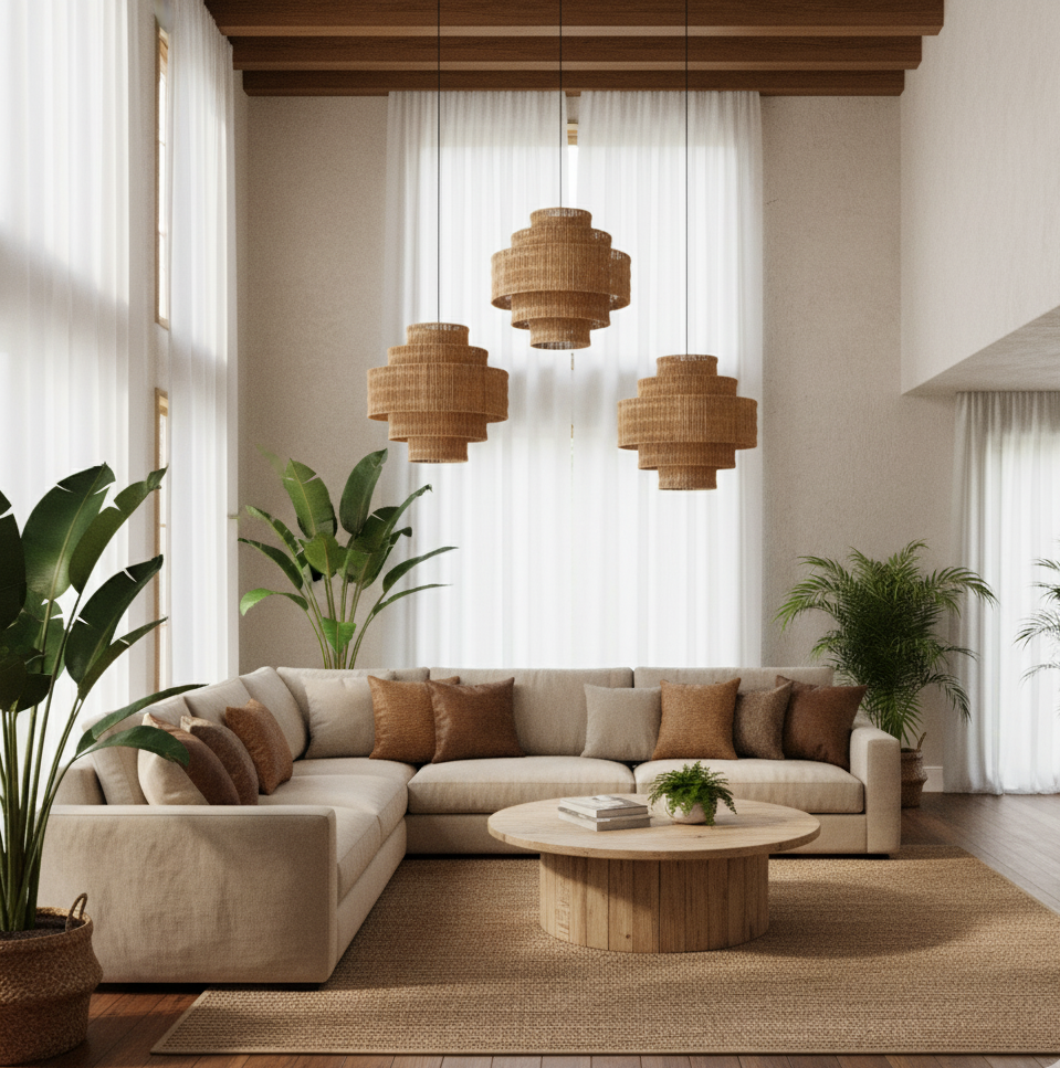 Luminous Cascade Rattan Pendant Light – Tiered Hand-Woven Coastal Vibe