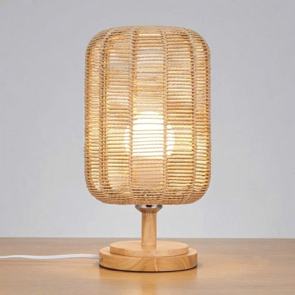 Handcrafted Natural Hemp Rope Table Lamp | Woven Wooden Base Desk Light