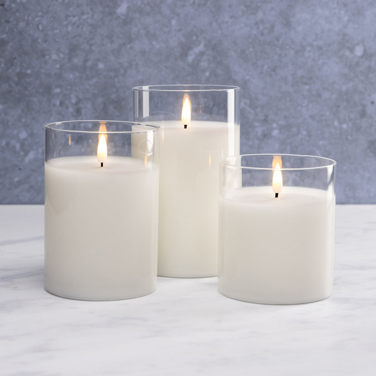 Flameless LED Hurricane Glass Candles - White  - Set of 3 with Remote and Timer