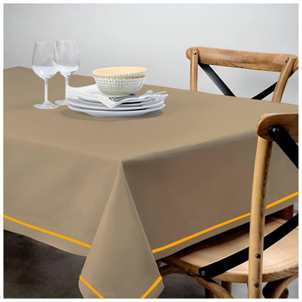 Single Embroidery Border Sateen Cotton Solid Table Cloth - Taupe