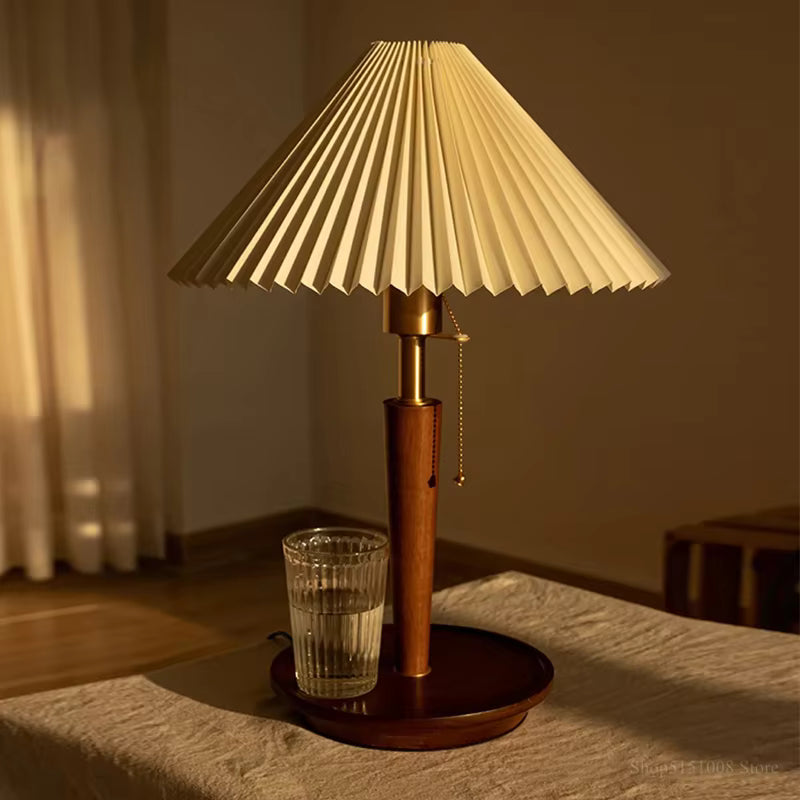 Pleated Fabric Shade & Wood Table Lamp | Vintage Brass Desk Light