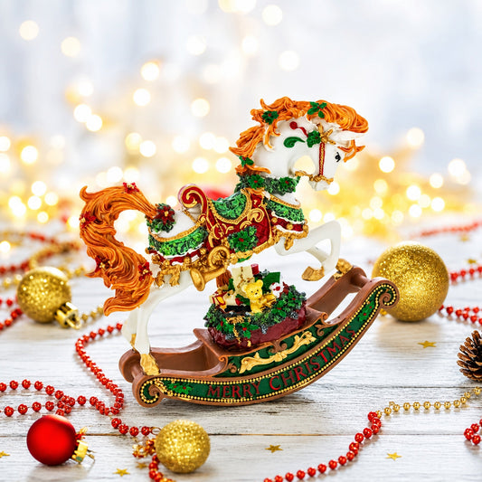 Figurine musicale de cheval de Noël en résine, décoration de fête à remonter, 20 cm