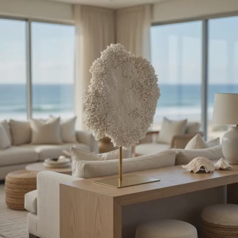 White Coral Sculpture Gold Base 30 in