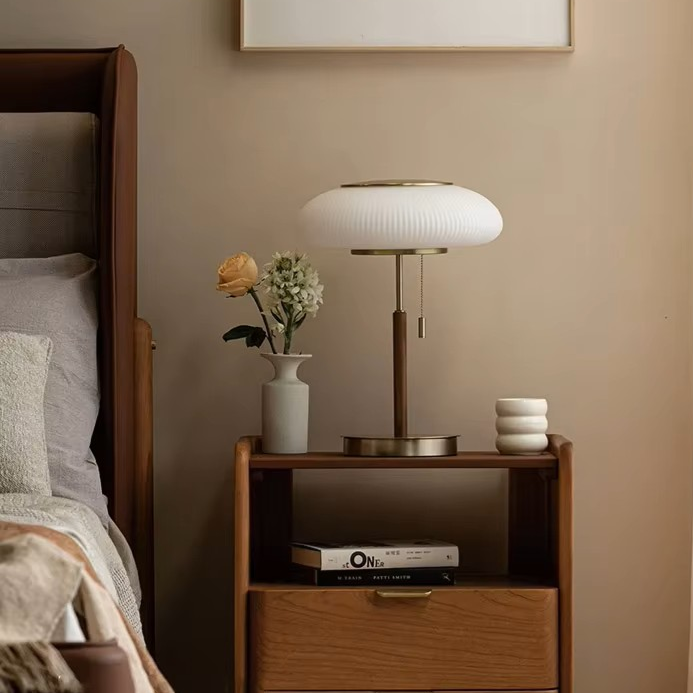 Pleated Glass & Wood Table Lamp | Vintage Brass Desk Light