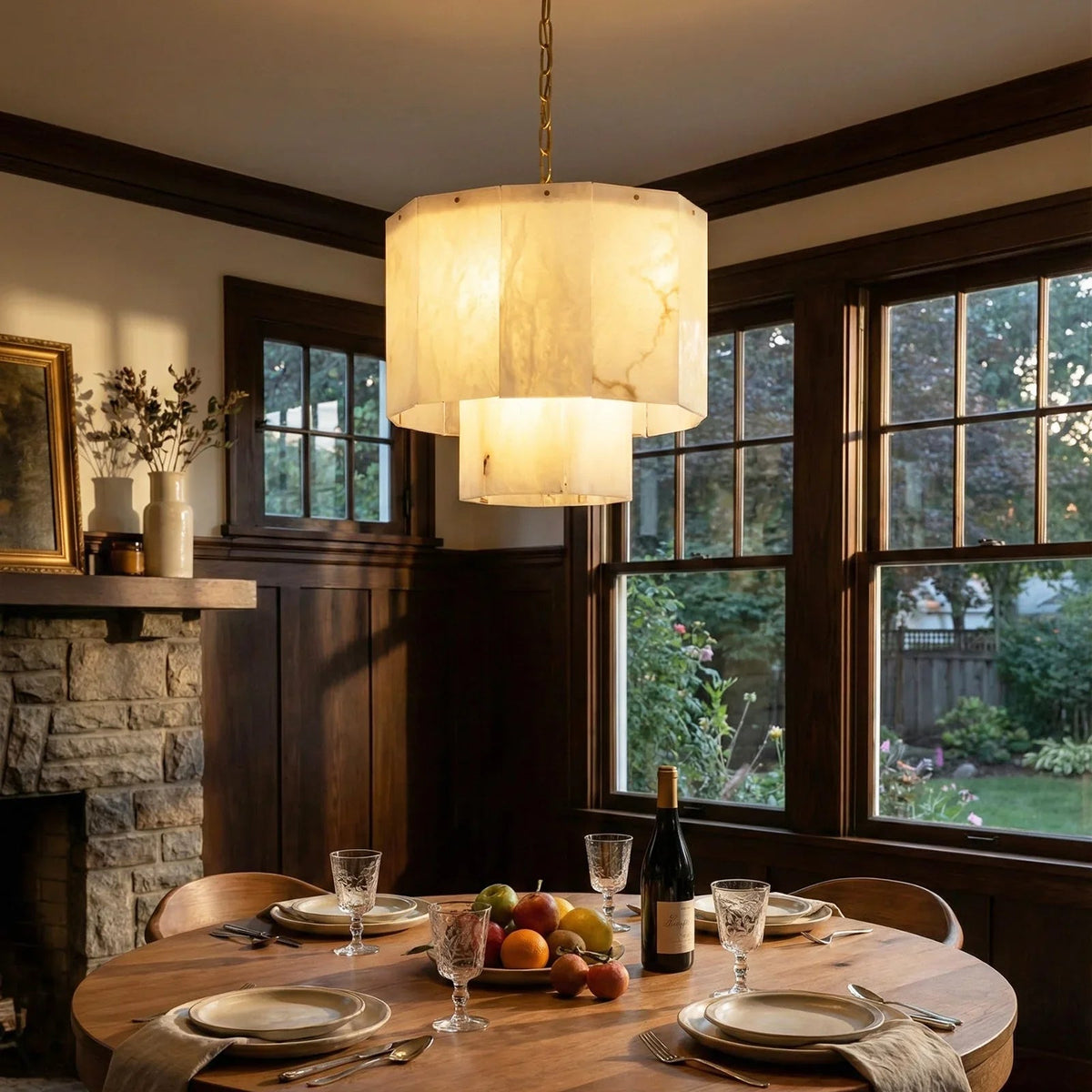 Rectangular Alabaster Multi Layered Round Chandelier