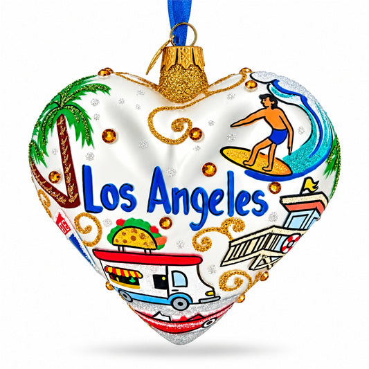 Ornement de Noël en verre en forme de cœur avec les monuments et symboles de Los Angeles
