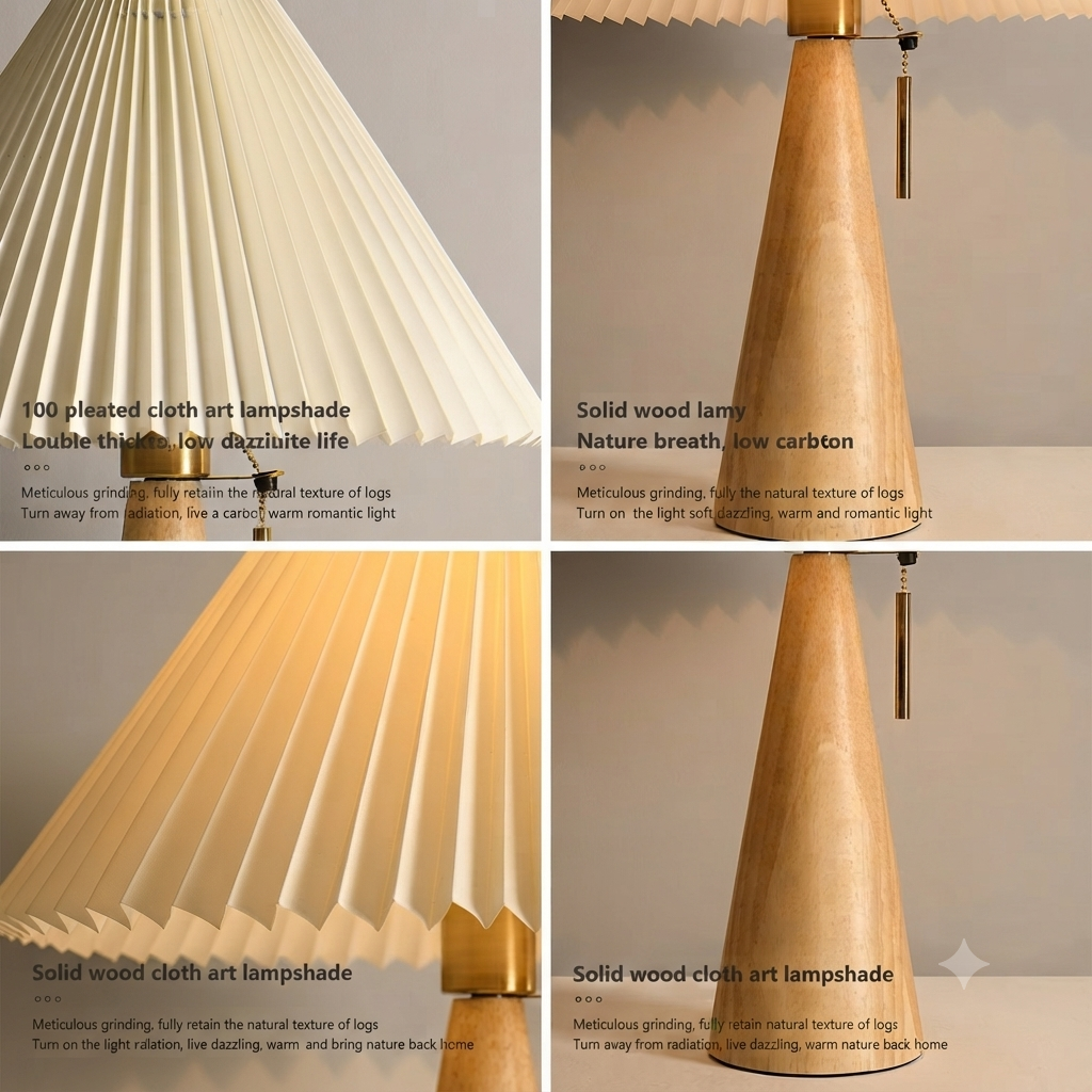 Cone Wooden Base Pleated Table Lamp | Vintage Pull-Chain Desk Light