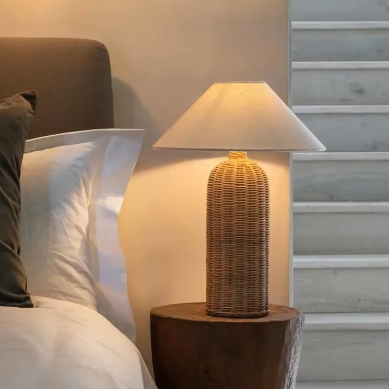 Natural Rattan and Fabric Table Light | Modern Coastal Desk Lamp