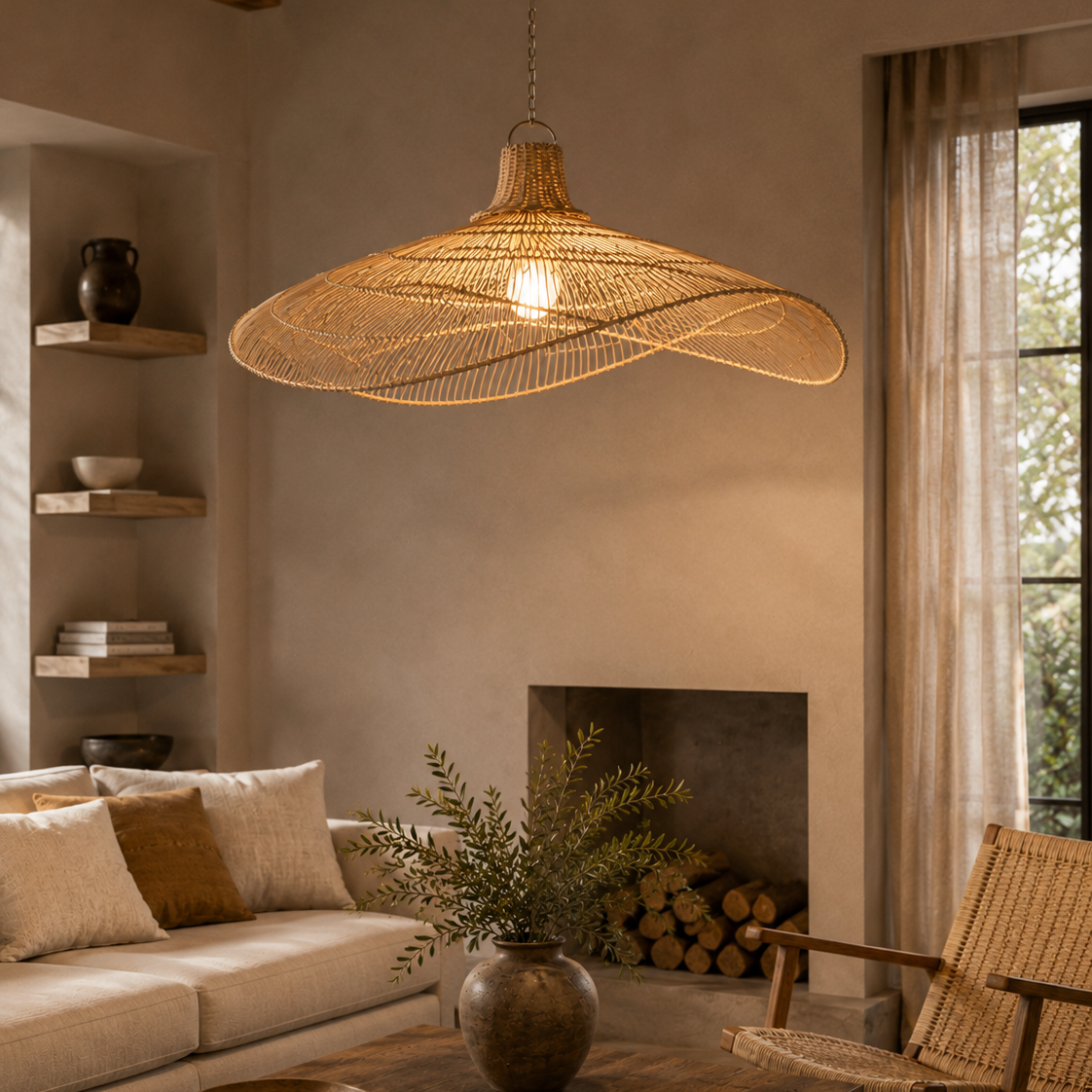 Scarlet Wide-Brim Handwoven Rattan Pendant Light Shade
