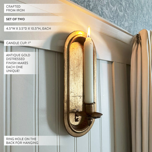 Antique Gold Taper Candle Holder Wall Sconce, Set of Two