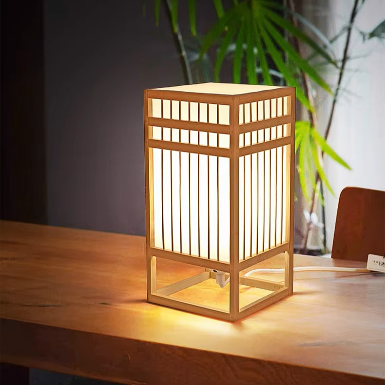 Japanese Shoji Wood & Fabric Table Lamp | Minimalist Grid Desk Light