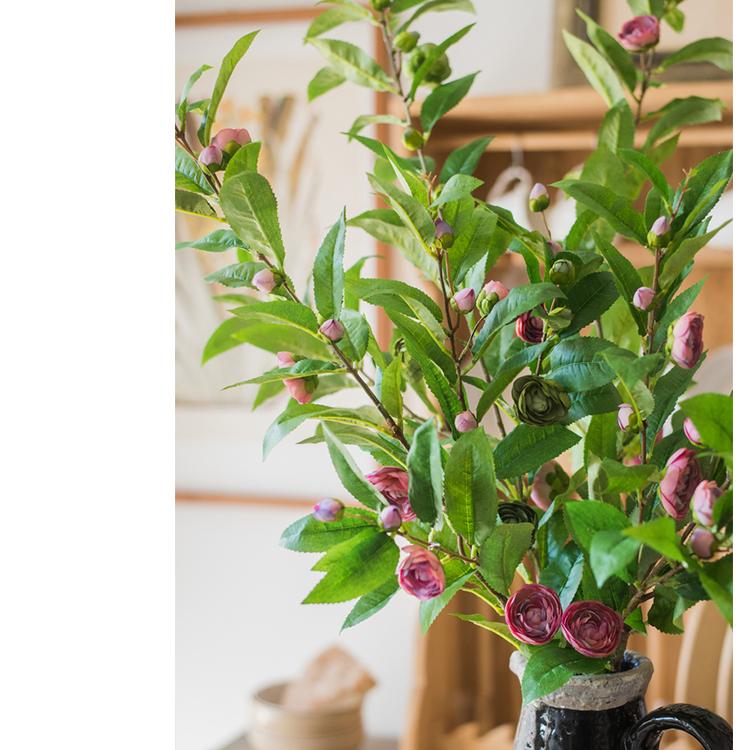 Silk Camellia Flower Leaf Stem in Champagne Pink or Purple