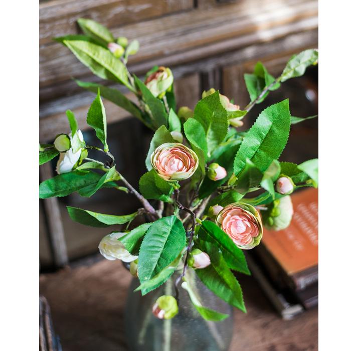 Silk Camellia Flower Leaf Stem in Champagne Pink or Purple