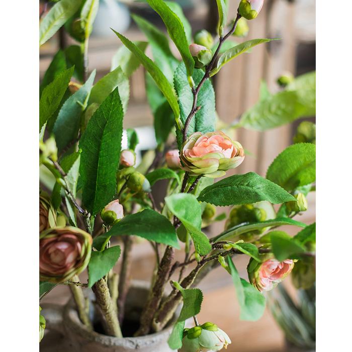 Silk Camellia Flower Leaf Stem in Champagne Pink or Purple