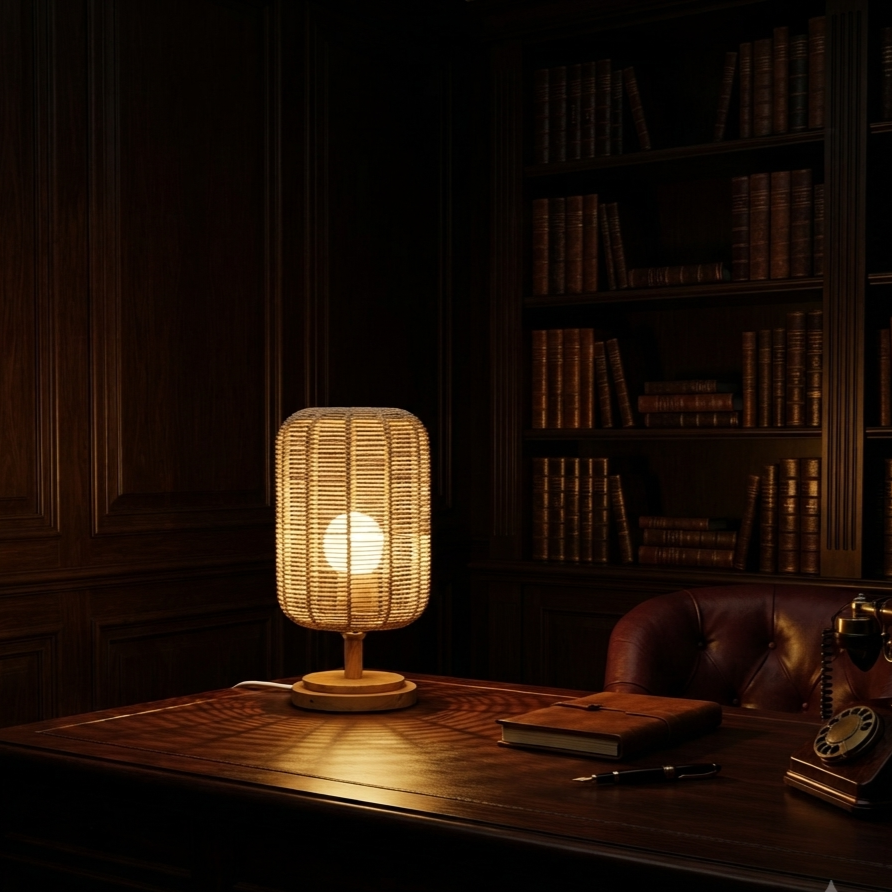 Handcrafted Natural Hemp Rope Table Lamp | Woven Wooden Base Desk Light